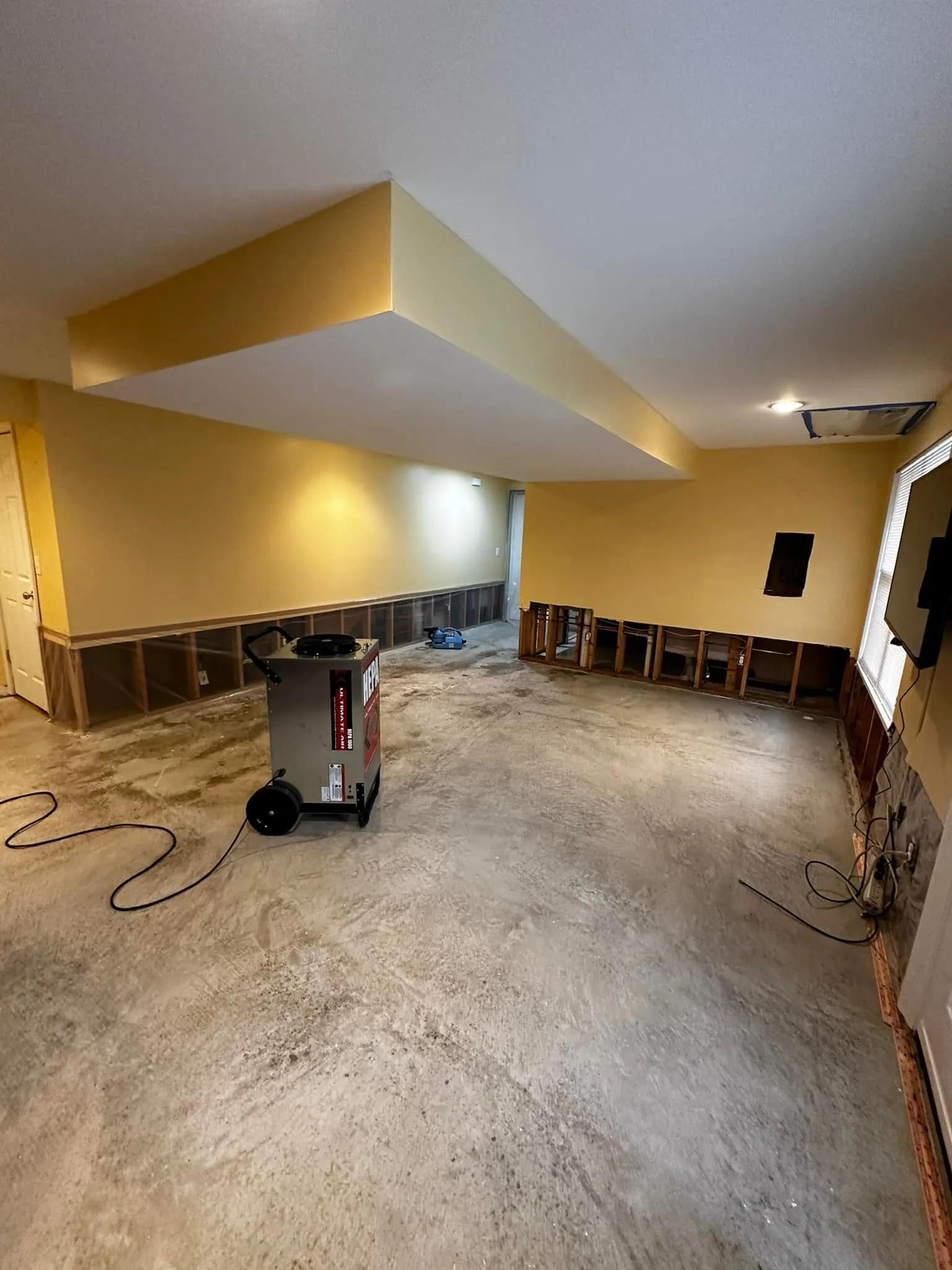 A basement with yellow walls, exposed lower wall studs, and bare concrete floors. A dehumidifier is running, with electrical cords on the floor.